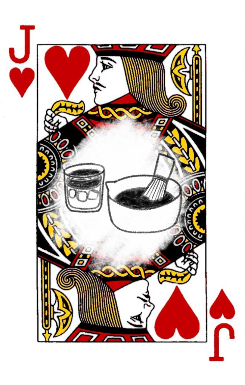 Jack of hearts card with a matcha whisk, bowl, and cup